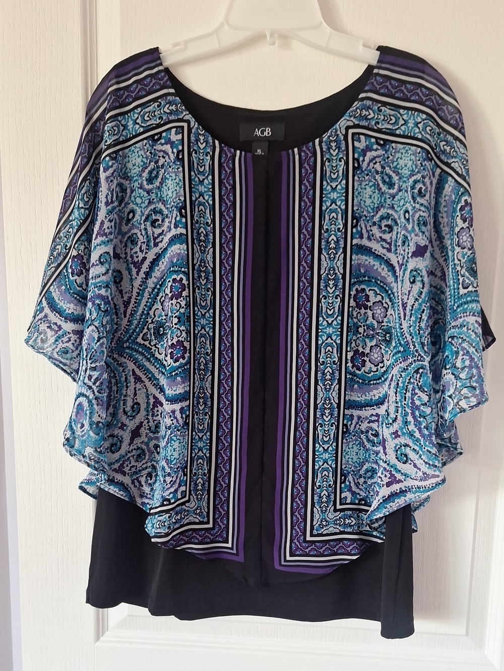 AGB Blue, Purple & Black Printed Layered Poncho Top